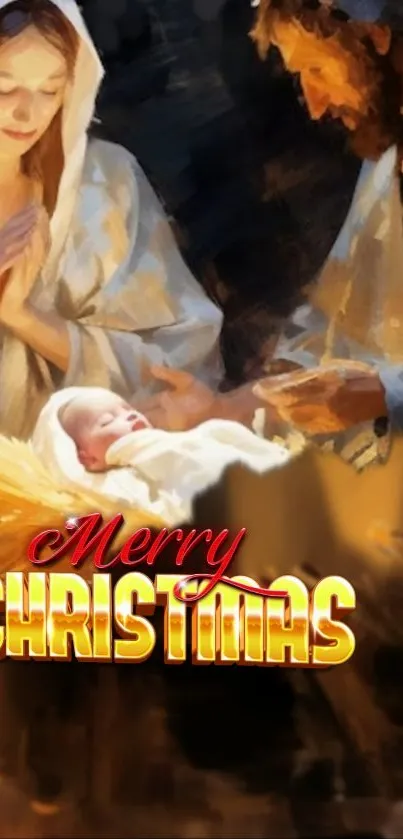 Nativity scene with Mary, Joseph, and baby Jesus in warm traditional tones.