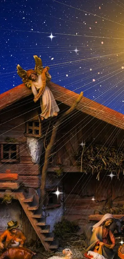 Nativity scene with angel and starry night sky, capturing Christmas spirit.