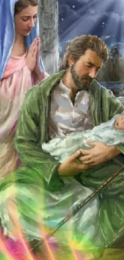 Nativity scene depicting holy family with green hues on mobile wallpaper.