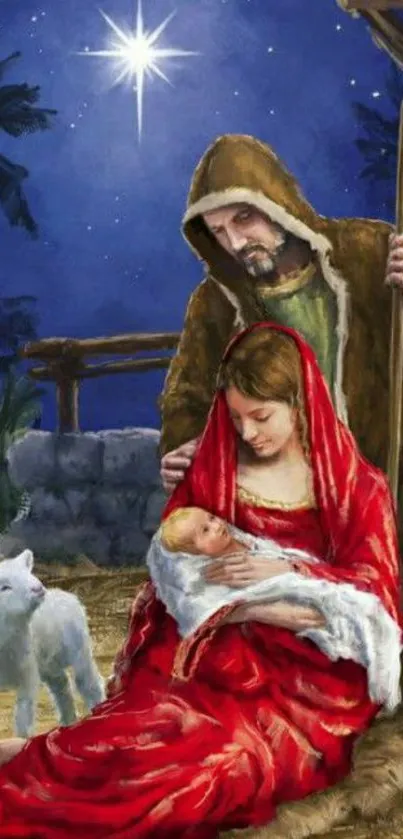 Nativity scene with Mary, Joseph, and baby Jesus under a starry night sky.