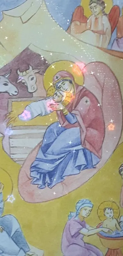 Colorful nativity scene featuring holy figures in illustrated art style.