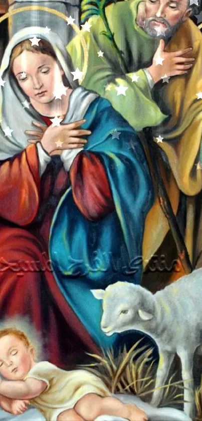 Nativity Scene depicting Mary, Joseph, and baby Jesus with a lamb.