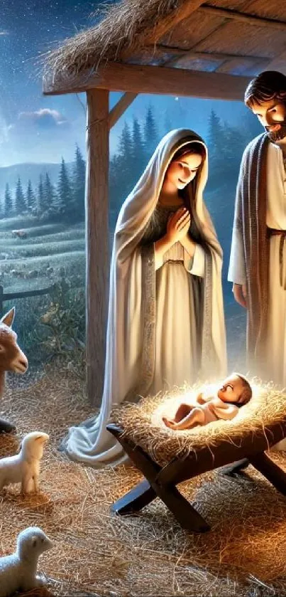 Nativity scene with holy figures under a starry sky.