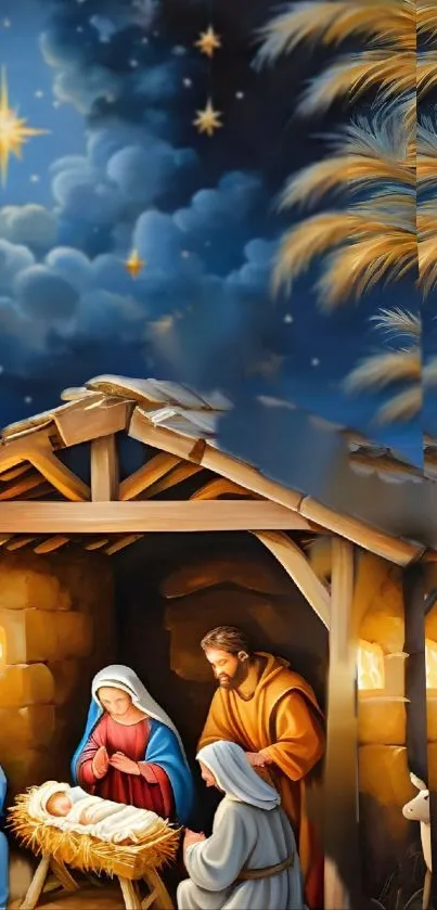 Nativity scene with holy family under starry night sky in a stable.