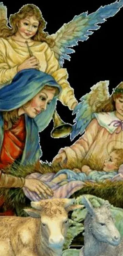 Nativity scene illustration with angels, Mary, and baby Jesus surrounded by sheep.