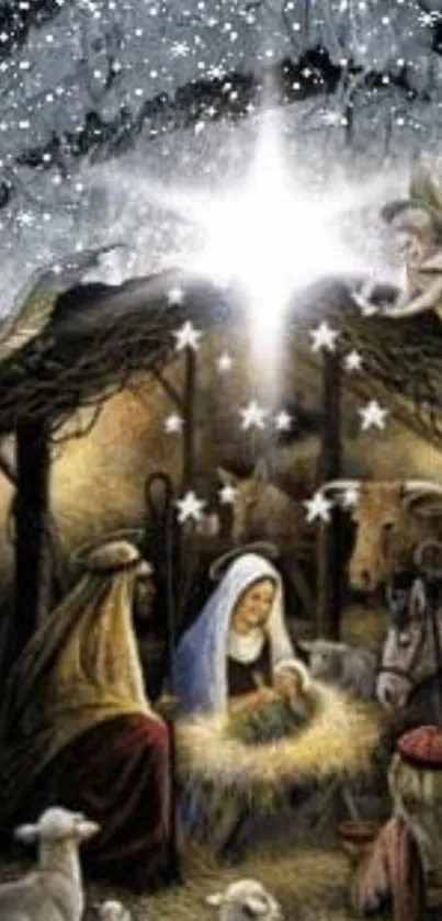 Nativity scene with angels and star in a snowy setting.