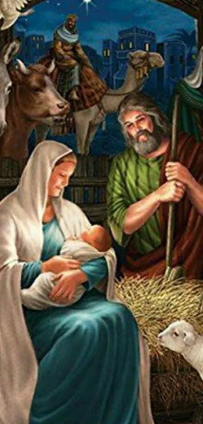 Nativity scene with Mary, Joseph, and baby Jesus in a manger on mobile wallpaper.