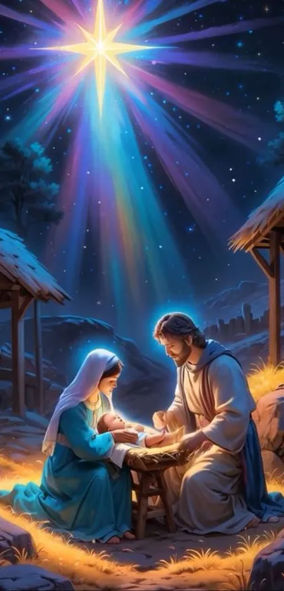 Nativity scene with a bright star shining over a holy family in a serene setting.