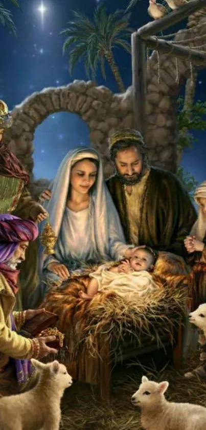 Nativity scene art with holy family under a starry night sky.