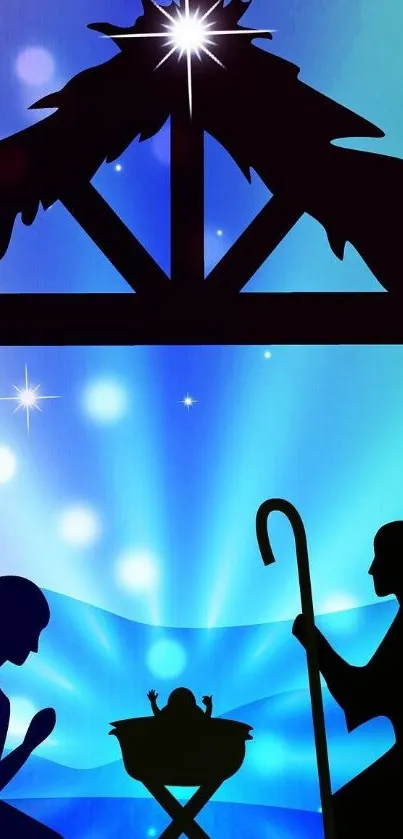 Nativity silhouette on blue background featuring Mary, Joseph, and the manger.