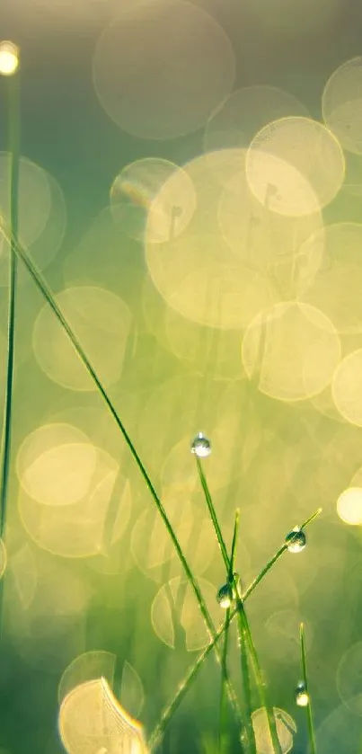 Green wallpaper with dewdrops and bokeh effect for a calming phone background.