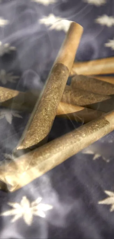 Close-up of brown hand-rolled cigarettes on a fabric with star patterns.