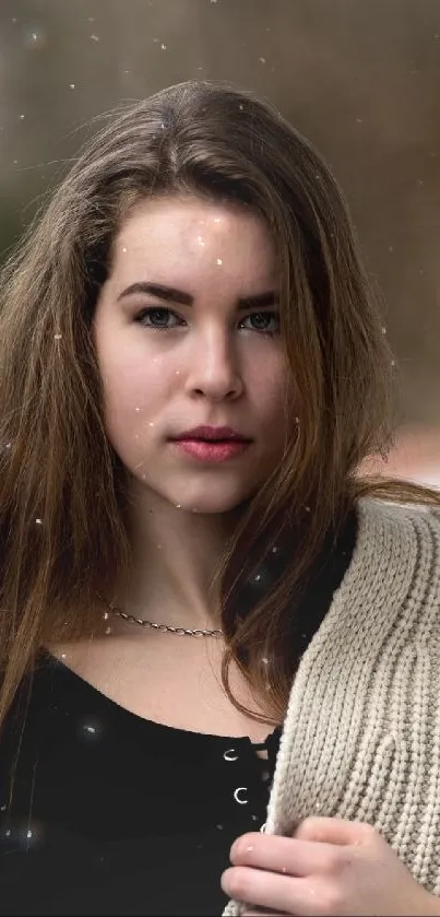 Female model in beige sweater, outdoor setting.