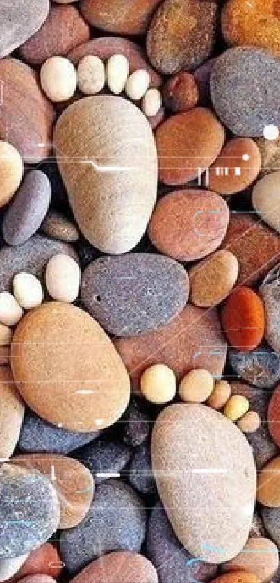 Pebble art phone wallpaper with stone footprint design in earthy tones.