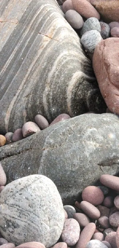 Natural pebbles and stones mobile wallpaper in earthy tones.