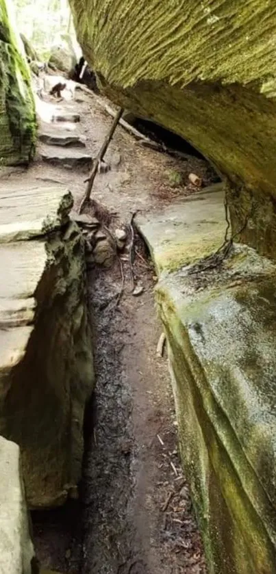 Serene pathway through rocky landscape surrounded by nature.