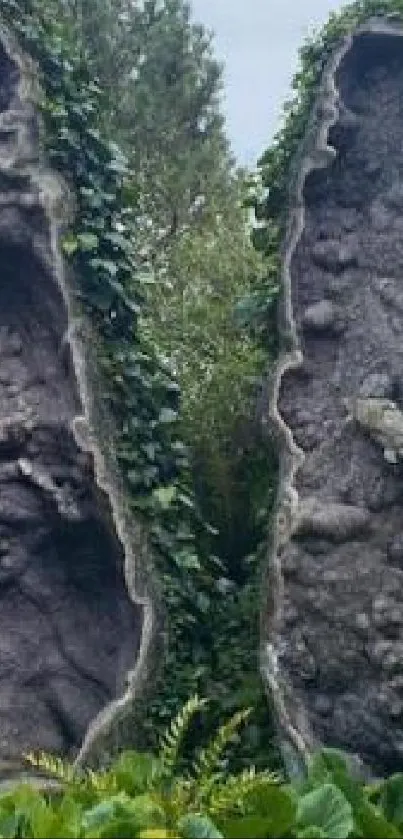 Towering stones with green vines in a garden scene.