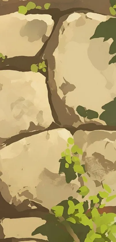 Stone wall with green leaves texture wallpaper.