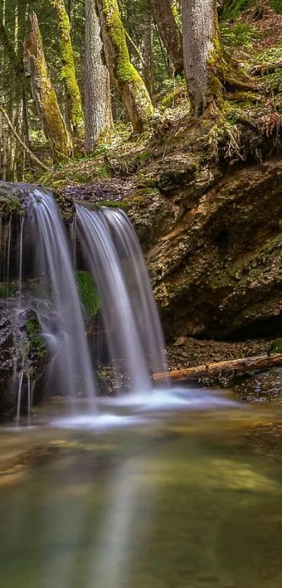 Serene forest waterfall mobile wallpaper with lush greenery.