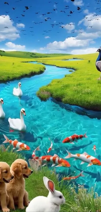 Lush landscape with river, animals, and birds under a blue sky.
