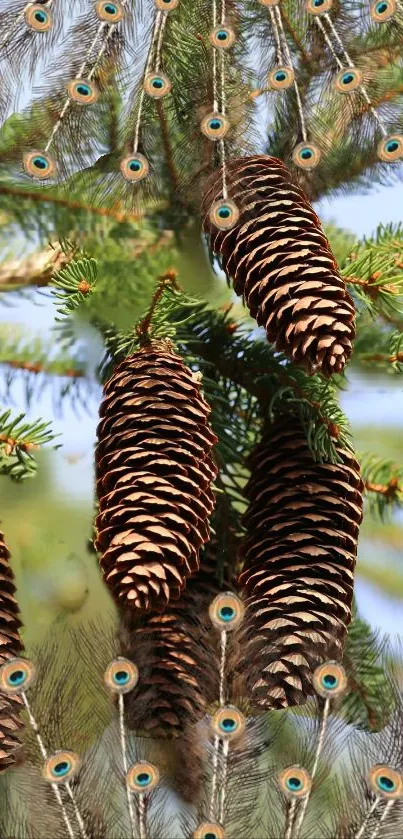 Pine cones and peacock feathers on tree.