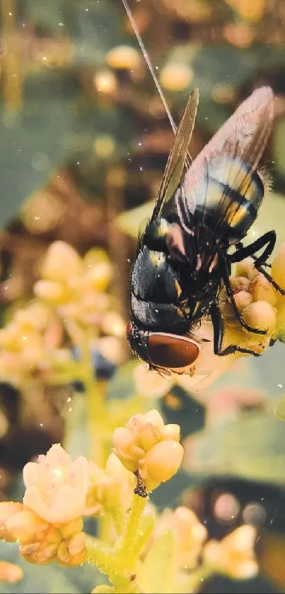 Close-up of a fly on yellow flowers with green leaves.