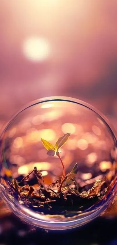 Plant encased in a bubble with warm pink light.