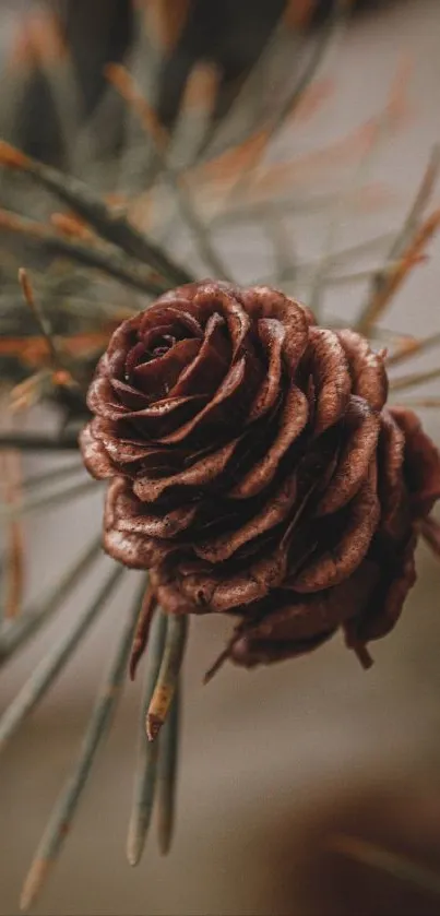 Close-up of a rustic pine cone with earthy tones.