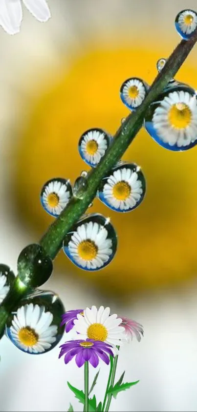 Daisy reflections in water droplets on a stem with a yellow background.