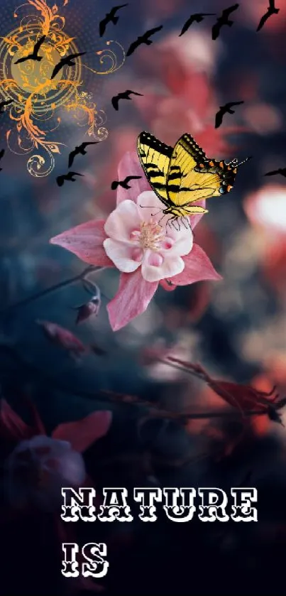 Butterfly resting on a flower amidst dark mystical foliage.