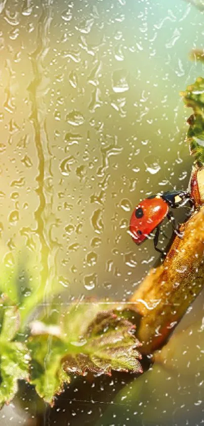 Ladybug on branch with raindrops in nature background.