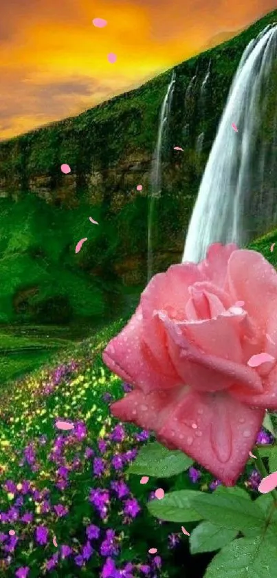 Mobile wallpaper of a pink rose with waterfall and lush greenery.