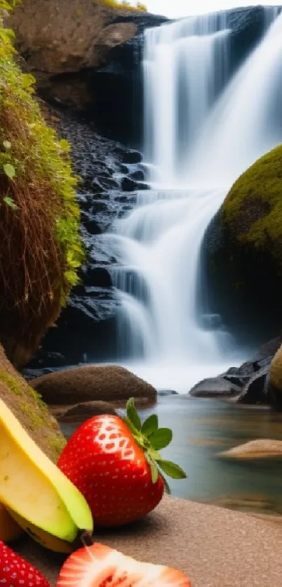 Tropical waterfall with bananas and strawberries on the shore.