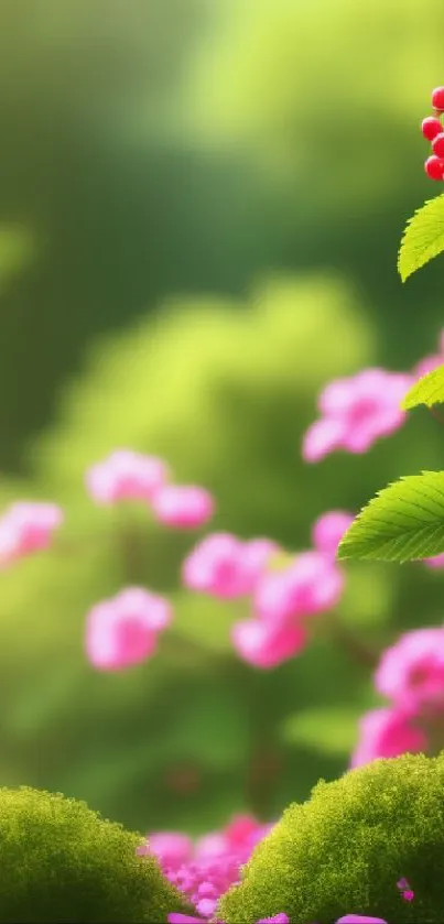 Colorful nature wallpaper with pink flowers and green leaves.