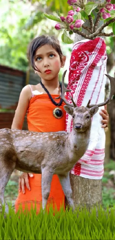 Girl with deer in a lush, green, outdoor setting, full of vibrant blooms.