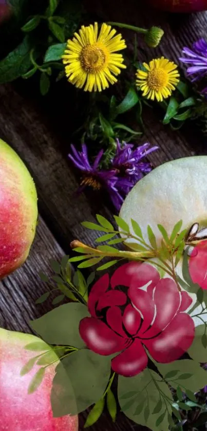 Nature-themed wallpaper with apples and flowers, vibrant and rustic.