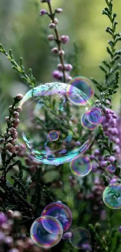 Bubble reflecting light among green leaves and pink flowers.