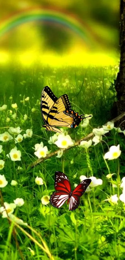 Butterflies and flowers in a vibrant green meadow with a rainbow overhead.