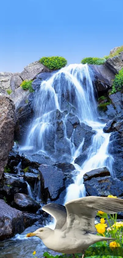 Waterfall with seagull and greenery in a serene natural scene.