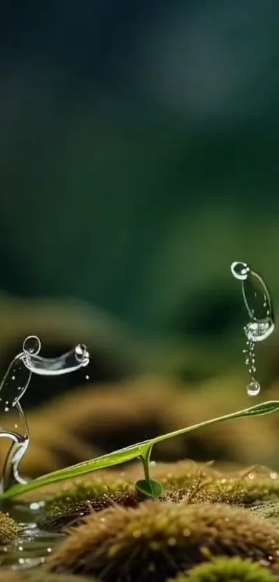 Delicate water drops balancing on a leaf in a serene green environment.