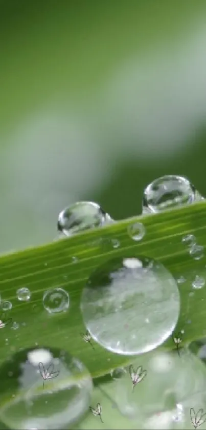 Close-up of dew drops on a green leaf, creating a serene and fresh look.