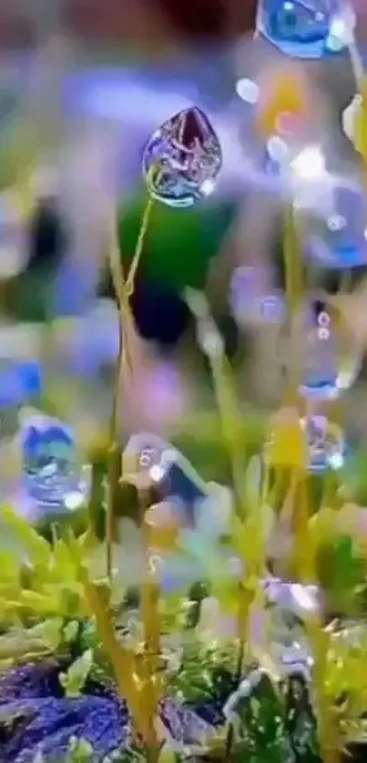 Stunning dew drops on vibrant green plants.