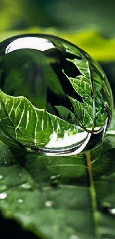 Dew drop on a green leaf with reflections.