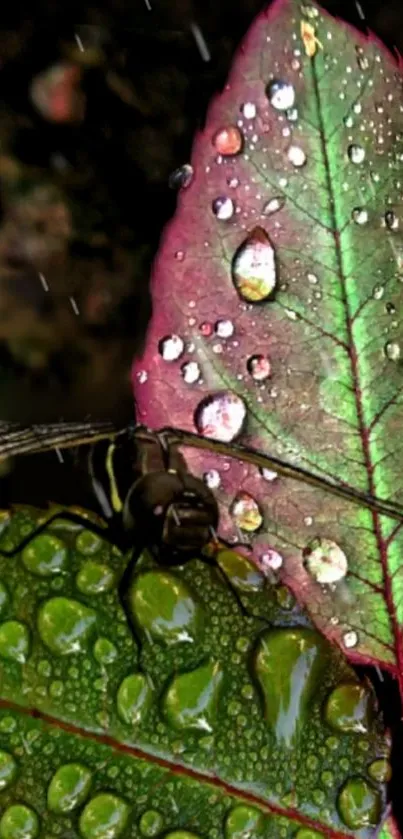 Colorful dewy leaves with dragonfly.