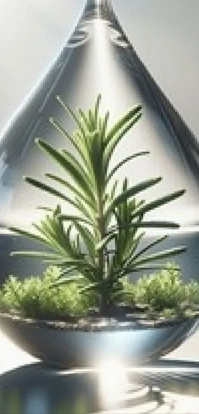 Plant inside a sparkling water droplet with soft lighting and serene background.