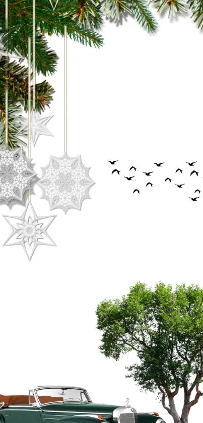 Elegant mobile wallpaper with a vintage car, snowflakes, tree, and birds.