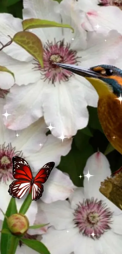 Kingfisher with butterfly and white flowers wallpaper.