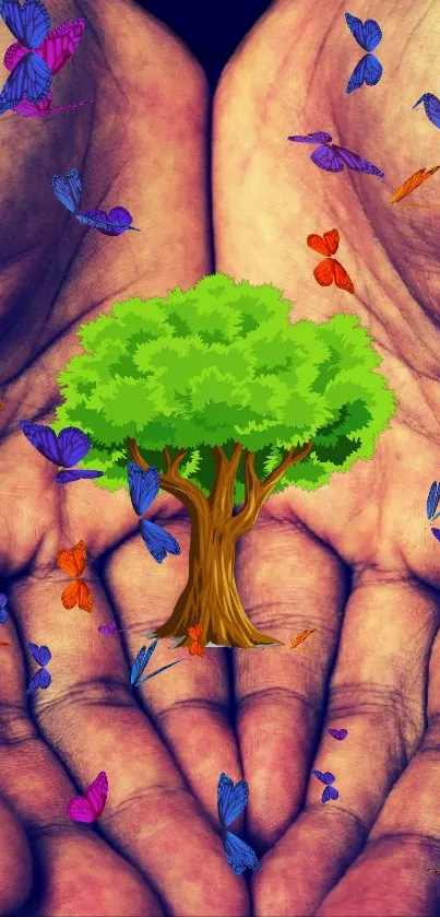 Tree embraced by hands with colorful butterflies.