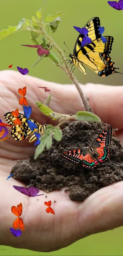 Hand nurturing a sapling with colorful butterflies fluttering around.