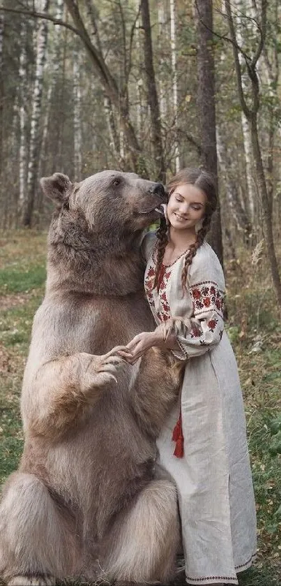 Girl with bear in a serene forest setting, showcasing natural harmony.